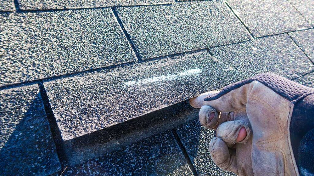A roofing inspector examining asphalt shingles on a pitched residential roof with a clipboard in hand.