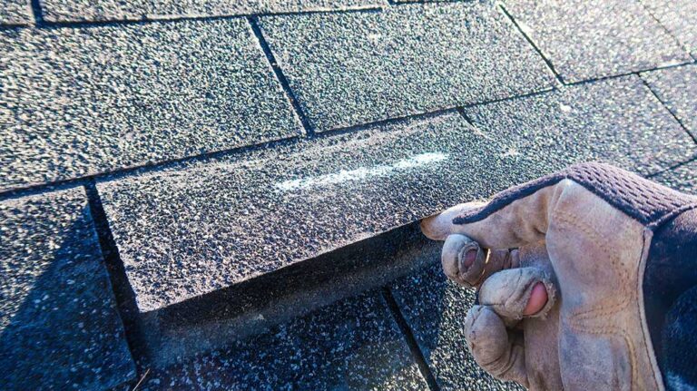 A roofing inspector examining asphalt shingles on a pitched residential roof with a clipboard in hand.