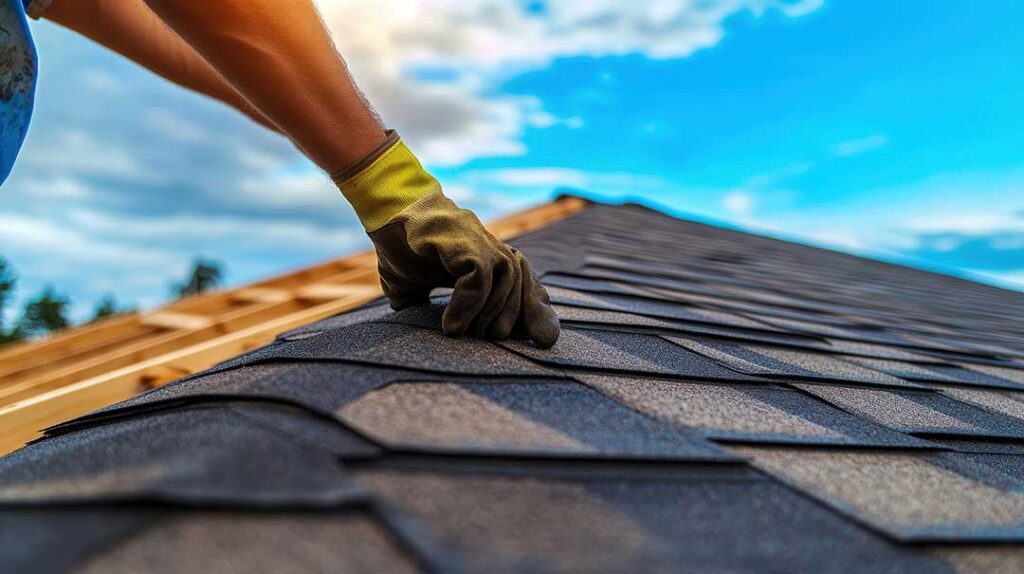 A house roof with fallen branches and leaf debris scattered across asphalt shingles.